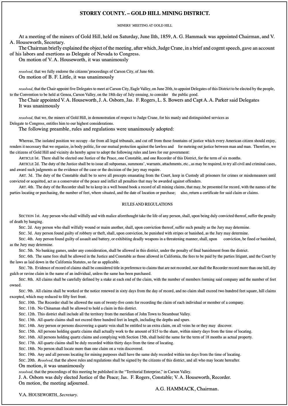 Mining Laws of the Gold Hill Nevada Mining District