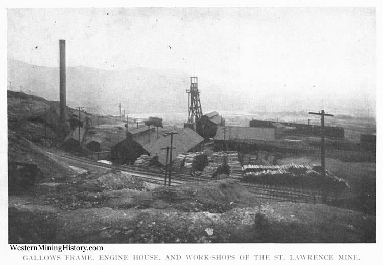 Gallows, frame, engine house, and workshops at the St. Lawrence Mine