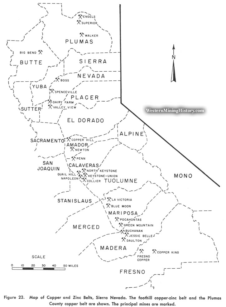 Map of Copper and Zinc Belts, Sierra Nevada