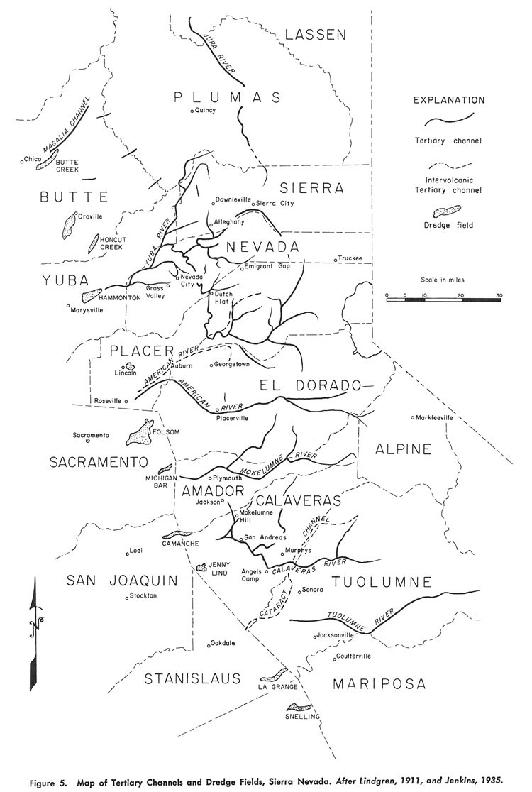 Map of Tertiary Channels and Dredge Fields, Sierra Nevada