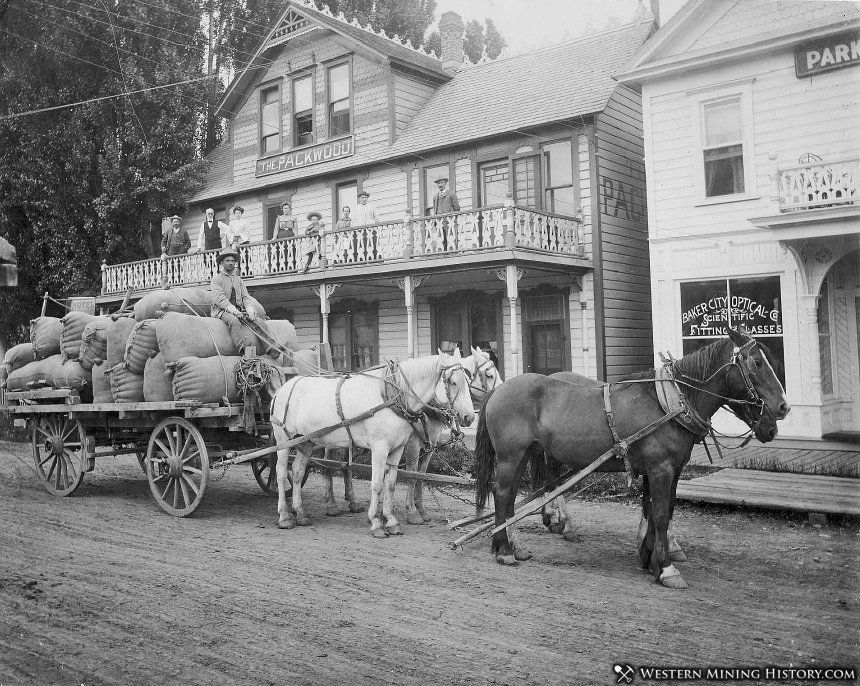 Wool wagon parked in front of the Packwood Hotel - Baker City, Oregon 1903