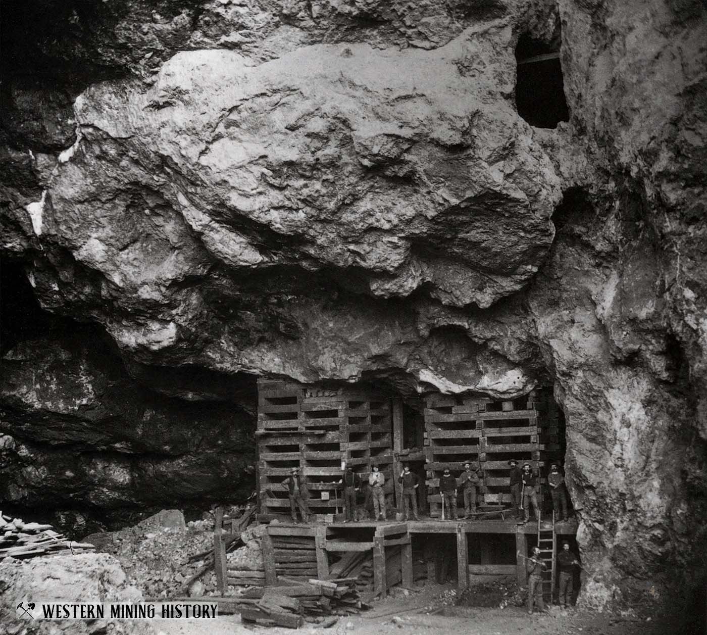 Miners pose on timbering in the Copper Queen Mine of Bisbee, Arizona 1883