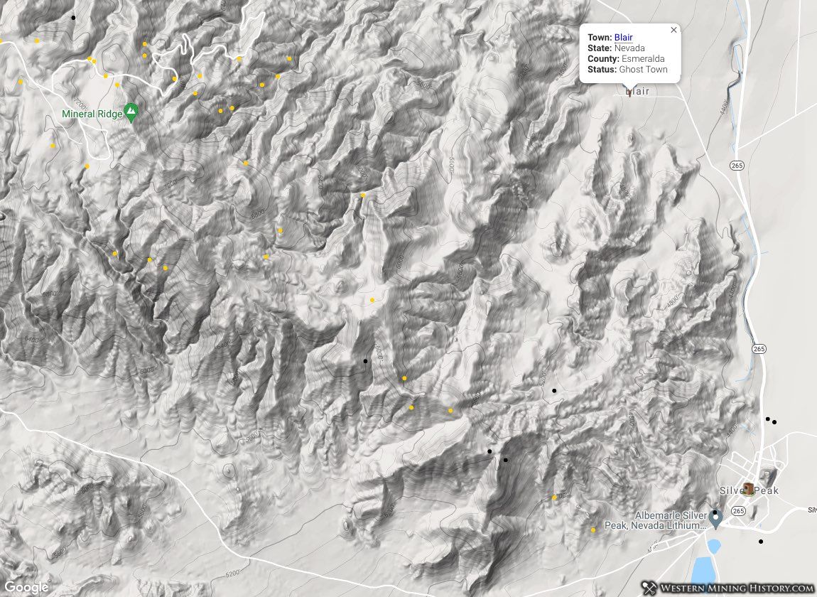 Location of Blair in relation to Silver Peak. Yellow dots are gold mines, black dots are non-gold mines