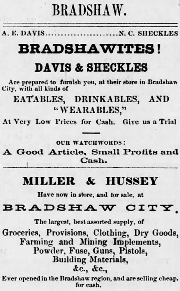 Bradshaw Arizona newspaper advertisement 1872
