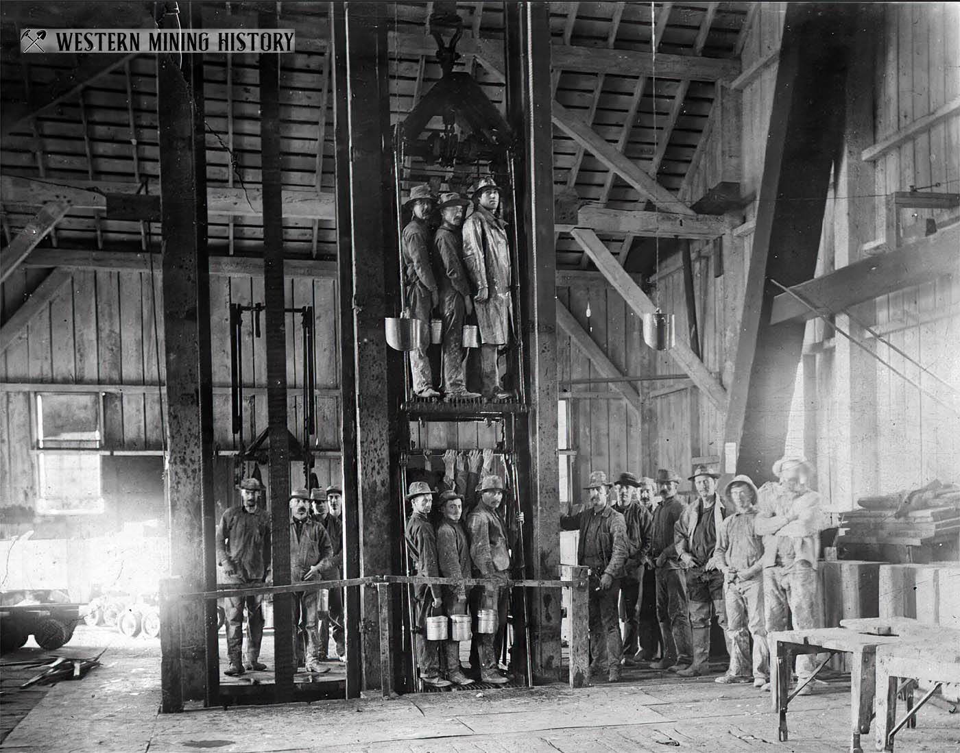 Miners in a Butte, Montana shaft house 