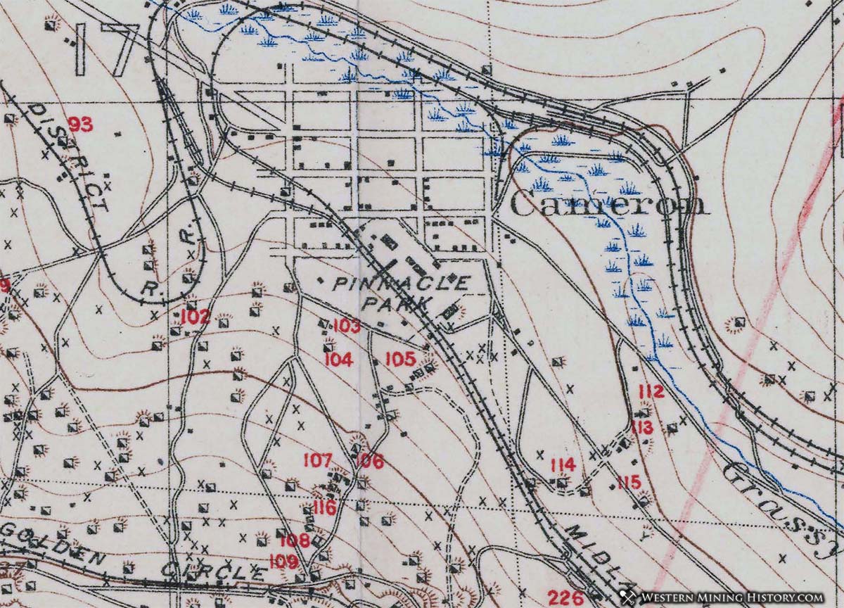 1903 map of Cripple Creek District mines shows the layout of Cameron and the nearby mines.