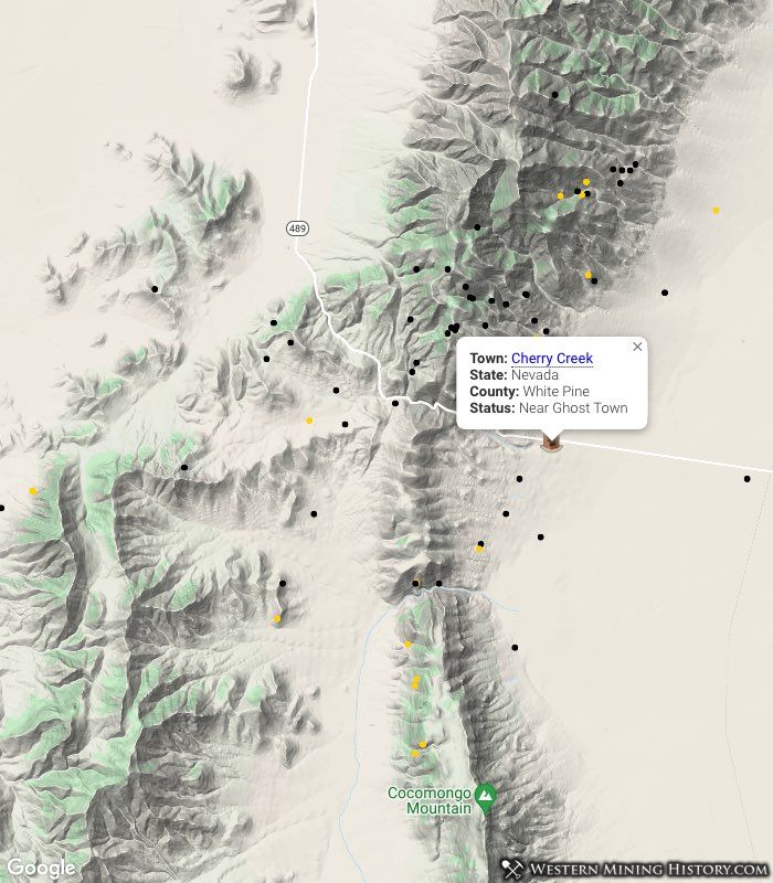 Map illustrates location of mines near Cherry Creek, Nevada. Yellow dots are mines with gold listed as a primary commodity