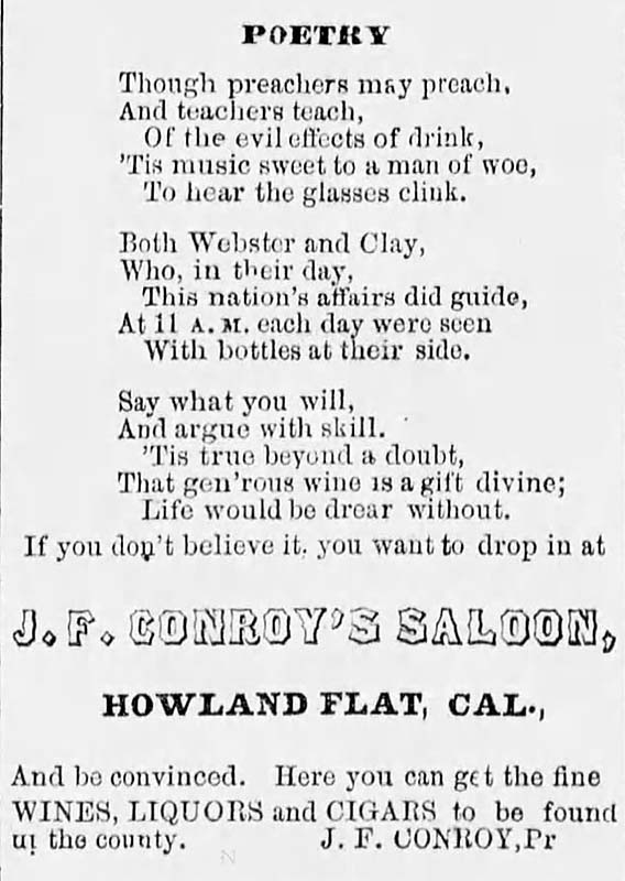 Advertisement for J.F. Conroy's Saloon 1884