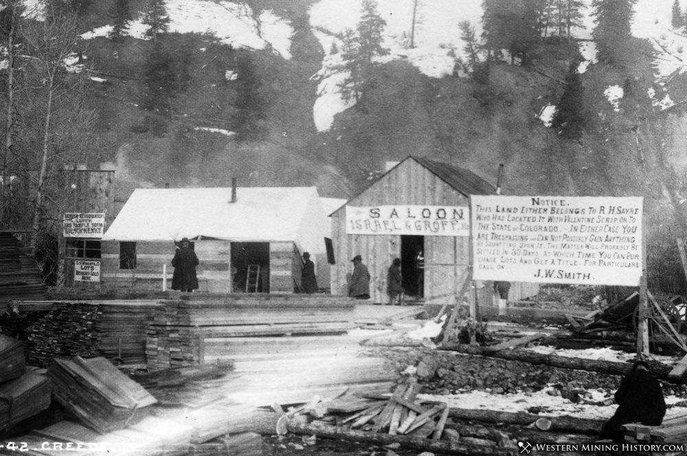 Early view of Creede shows sign with reference to Soapy Smith