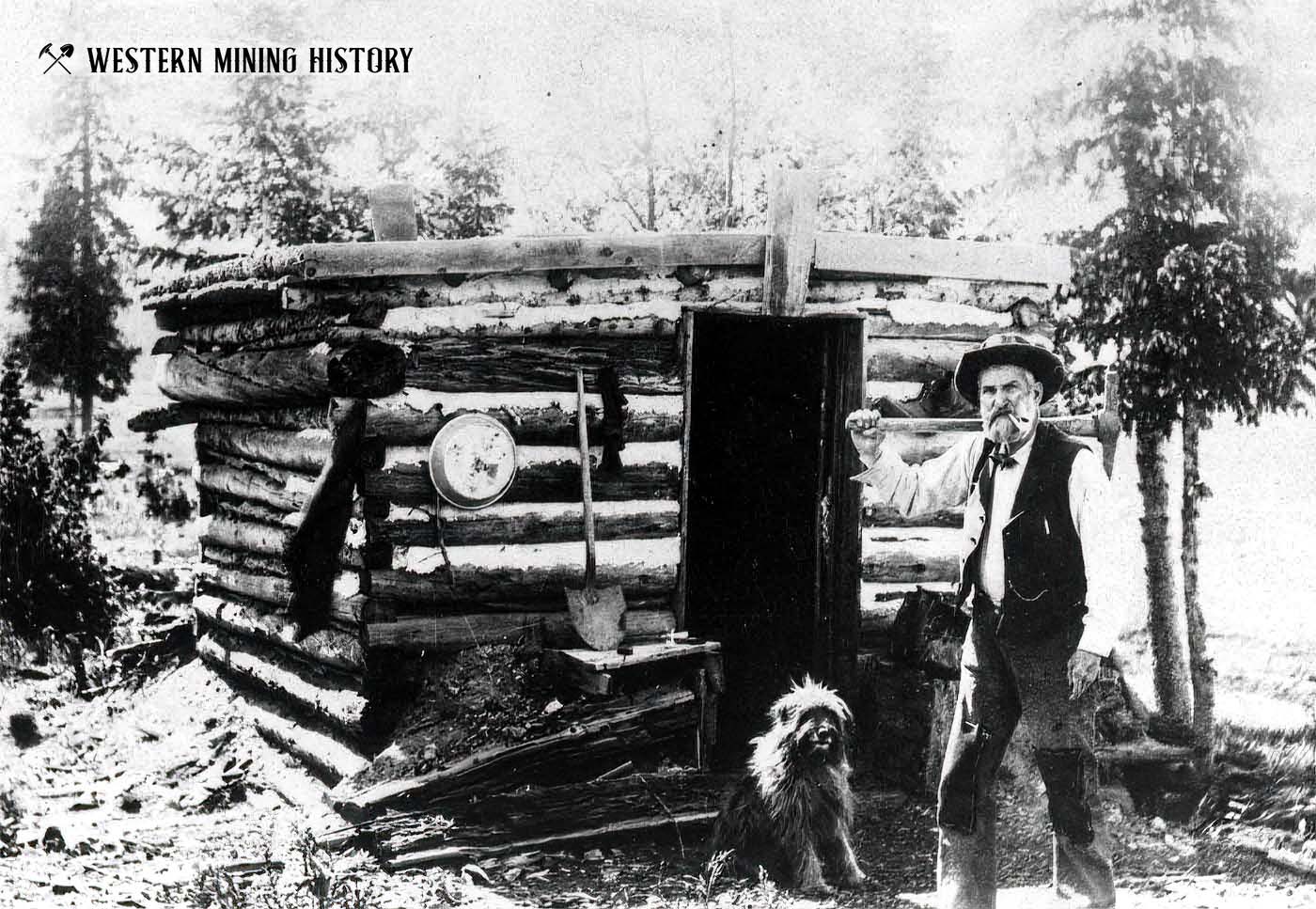 Old Man Topping and the first log cabin in Cripple Creek ca. 1891