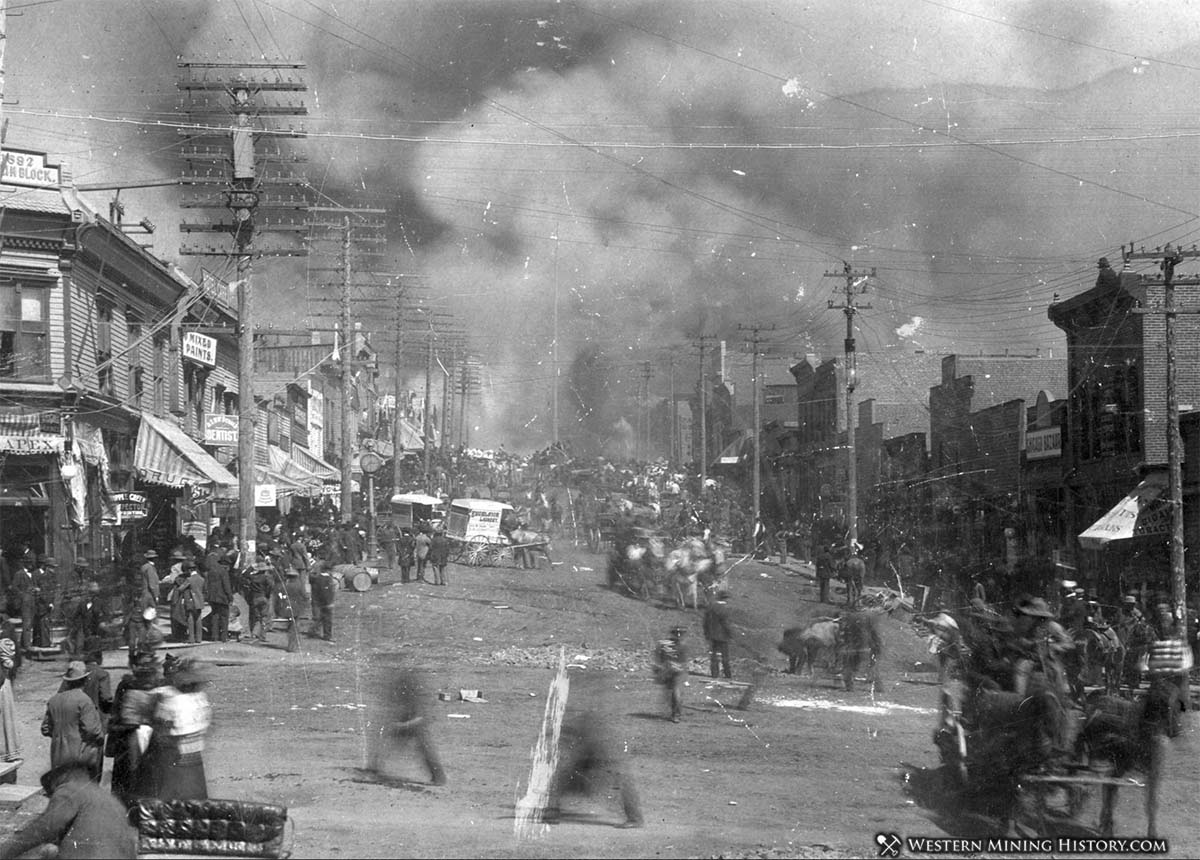 View along Bennett Avenue of Cripple Creek on Fire in 1896