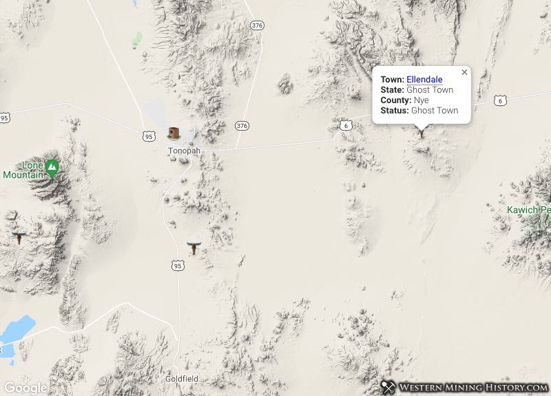 Location of Ellendale ghost town in relation to Tonopah