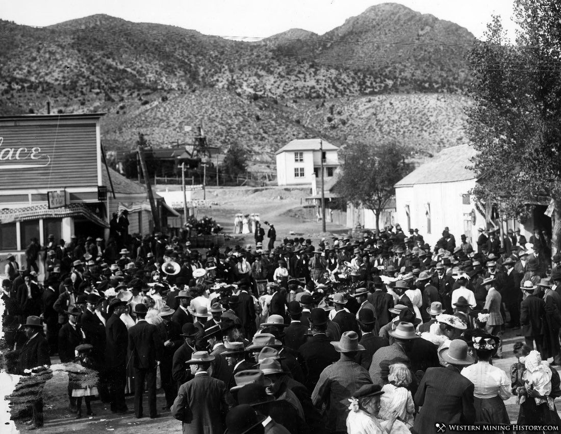 Crowd gathers to watch a band at Railroad Day - Ely, Nevada September 1906