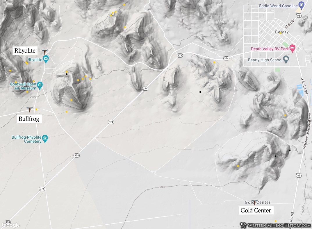 Map shows Gold Center in relation to Rhyolite, Bullfrog, and Beatty