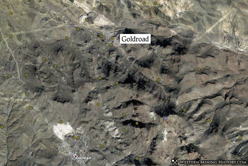 Satelite image shows the location of Goldroad north of Oatman. Yellow circles are mine locations