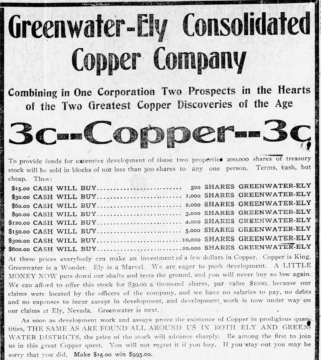 Greenwater California newspaper advertisement