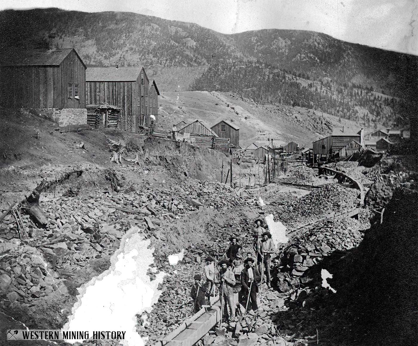 Early 1860s placer mining scene in Gregory Gulch below Central City, Colorado