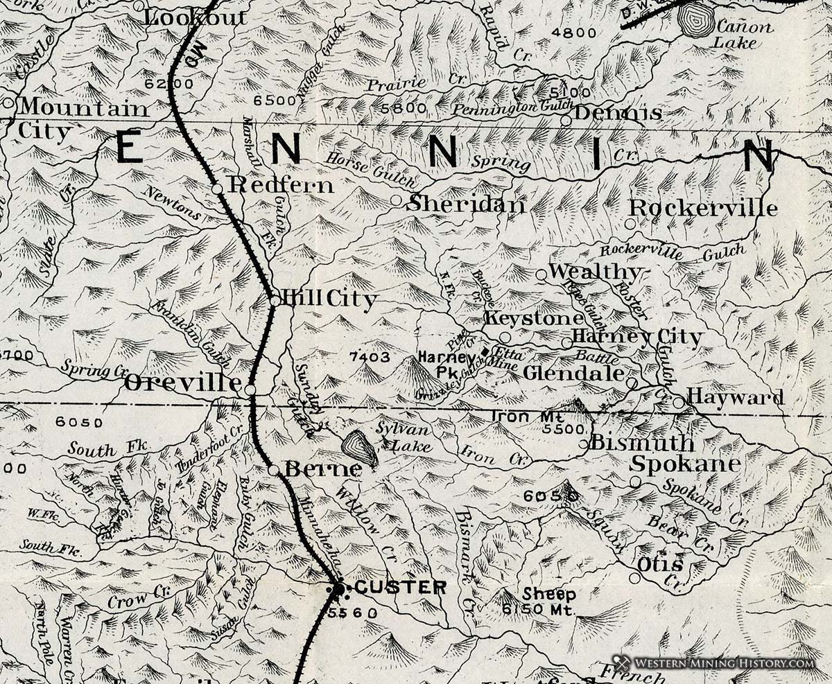 1897 illustrated map shows the location of Hill City, South Dakota