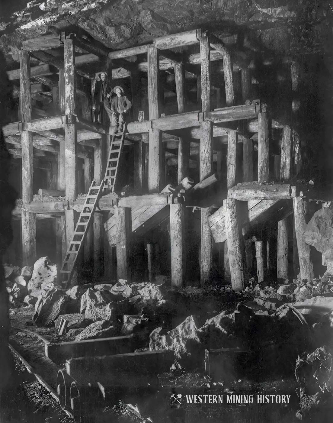 Underground photo of timbering at the Homestake Mine - Lead, South Dakota 1908