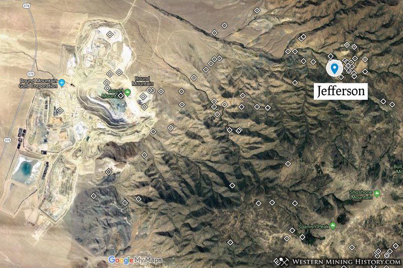 Jefferson Nevada located in realtion to Round Mountain. Diamond shape markers are Nye County mines