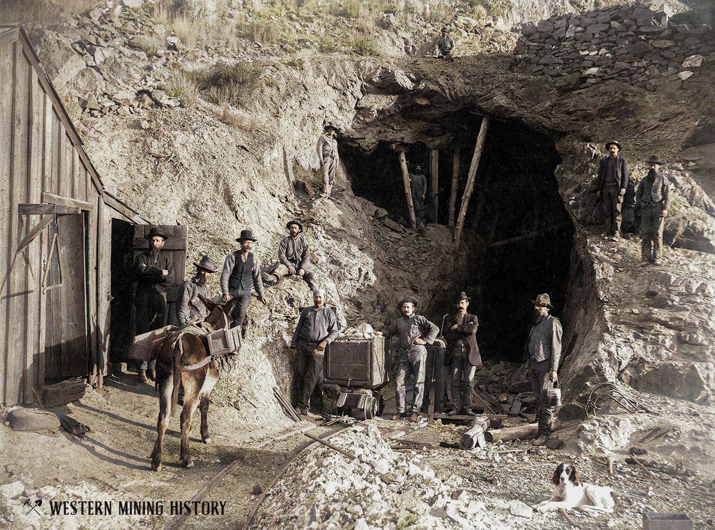 Miners Pose at Unidentified Nevada Mine (colorized)