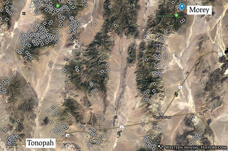 Morey Nevada located in relation to Tonopah. Diamonds are Nye County mines