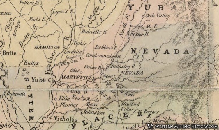 Nevada City California on 1851 map