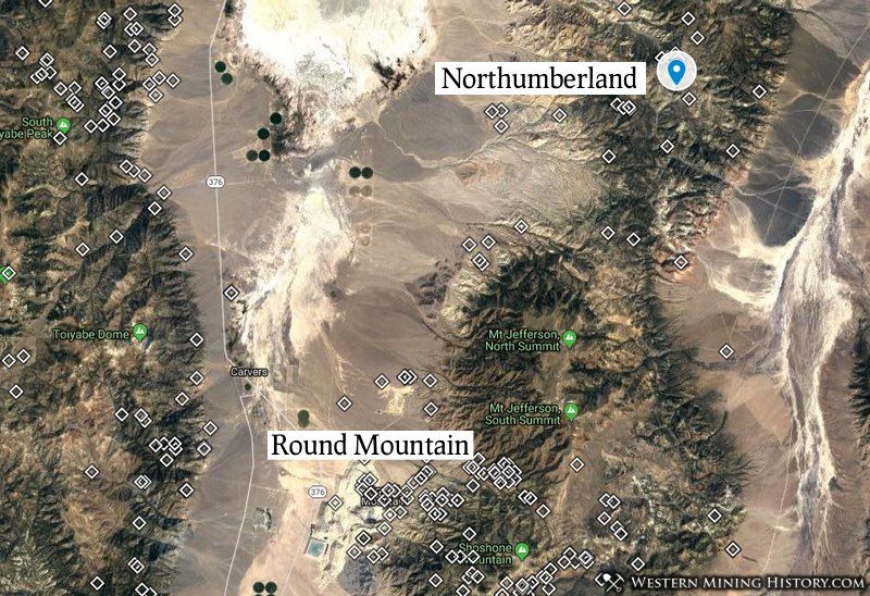 Northumberland located in relation to Round Mountain Nevada