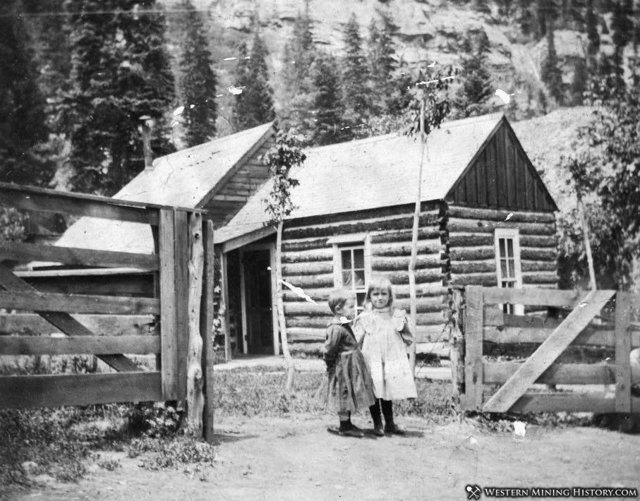 Children in front of log cabin in Ouray ca. 1880