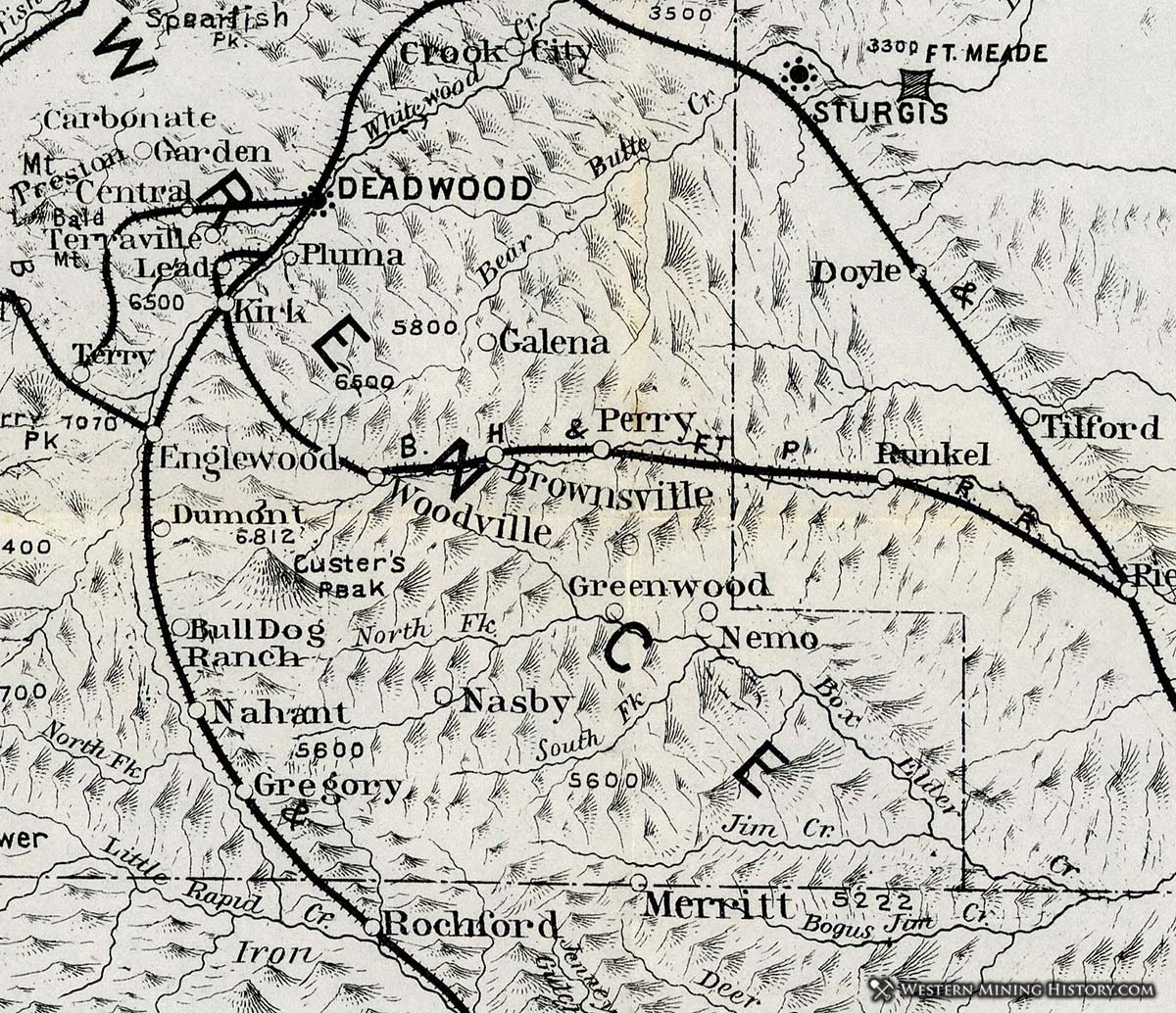 1897 illustrated map shows the location of Perry (Roubaix), South Dakota