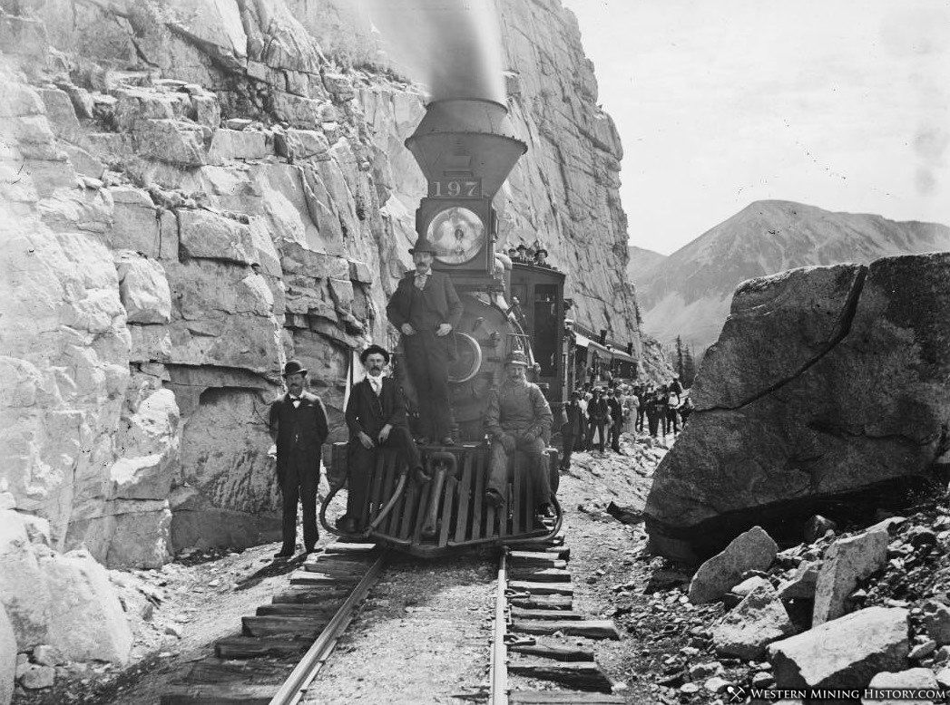 Denver Leadville & Gunnison Railroad on the old South Park Line - Locomotive No. 197 and excursion passenger train at Palisades above Pitkin, Colorado ca. 1895