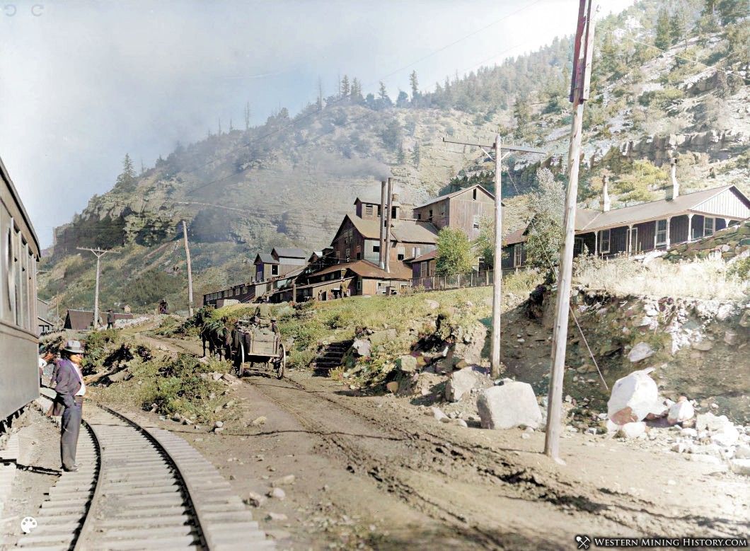 Colorized photo of a vanadium mill at Placerville Colorado ca. 1920