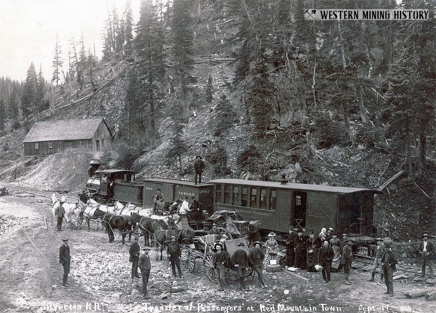 Passengers transfer between carriage and train at Red Mountain Town Sept. 17 1888
