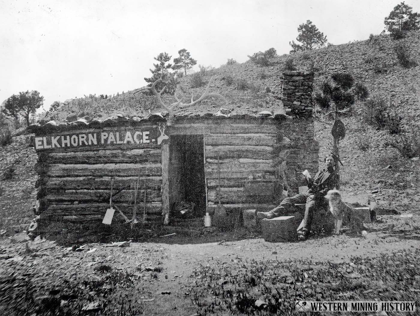 Colorado miner at his cabin with his dog ca. 1880