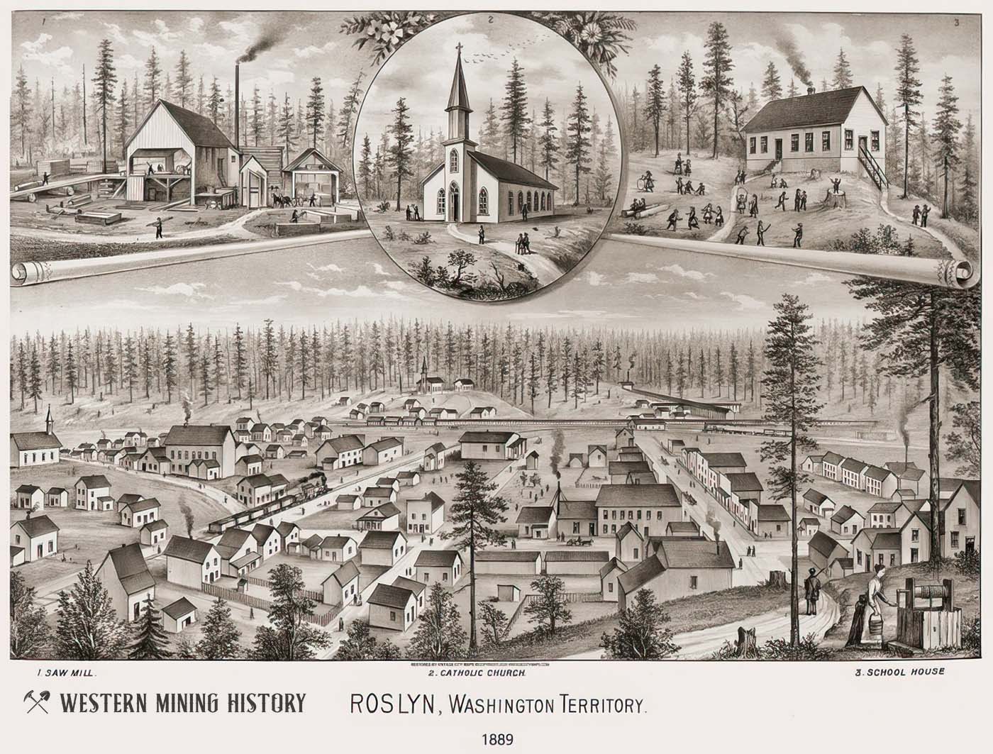 1889 illustration of Roslyn, Washington