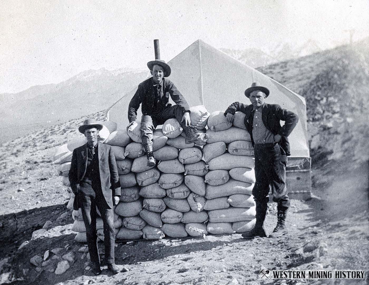 Miners with sacked ore at Round Mountain, Nevada ca. 1910