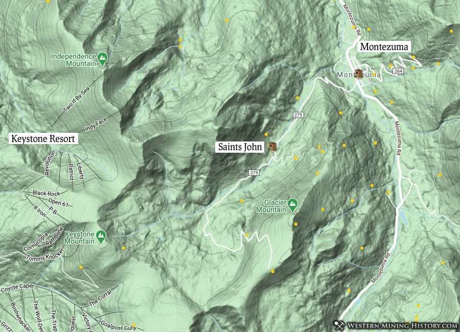 Map of Saint Johns and Montezuma, Colorado. Yellow dots are mines