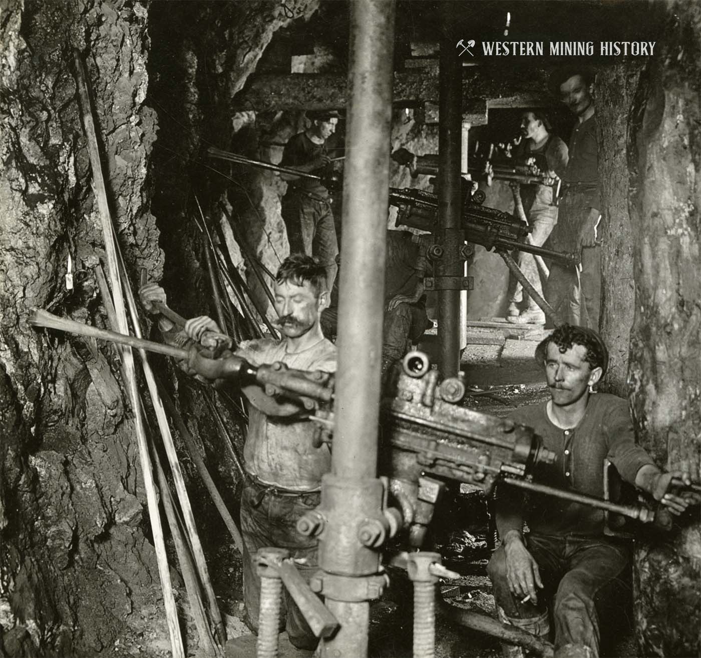 Drillers working underground in Butte mine 1900 feet below surface