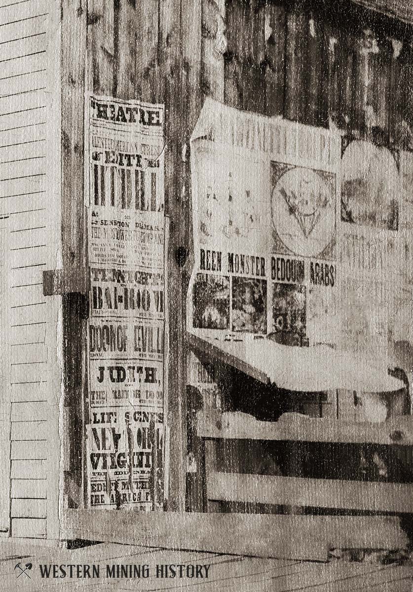 Posters advertise theater productions at Volcano ca. 1855