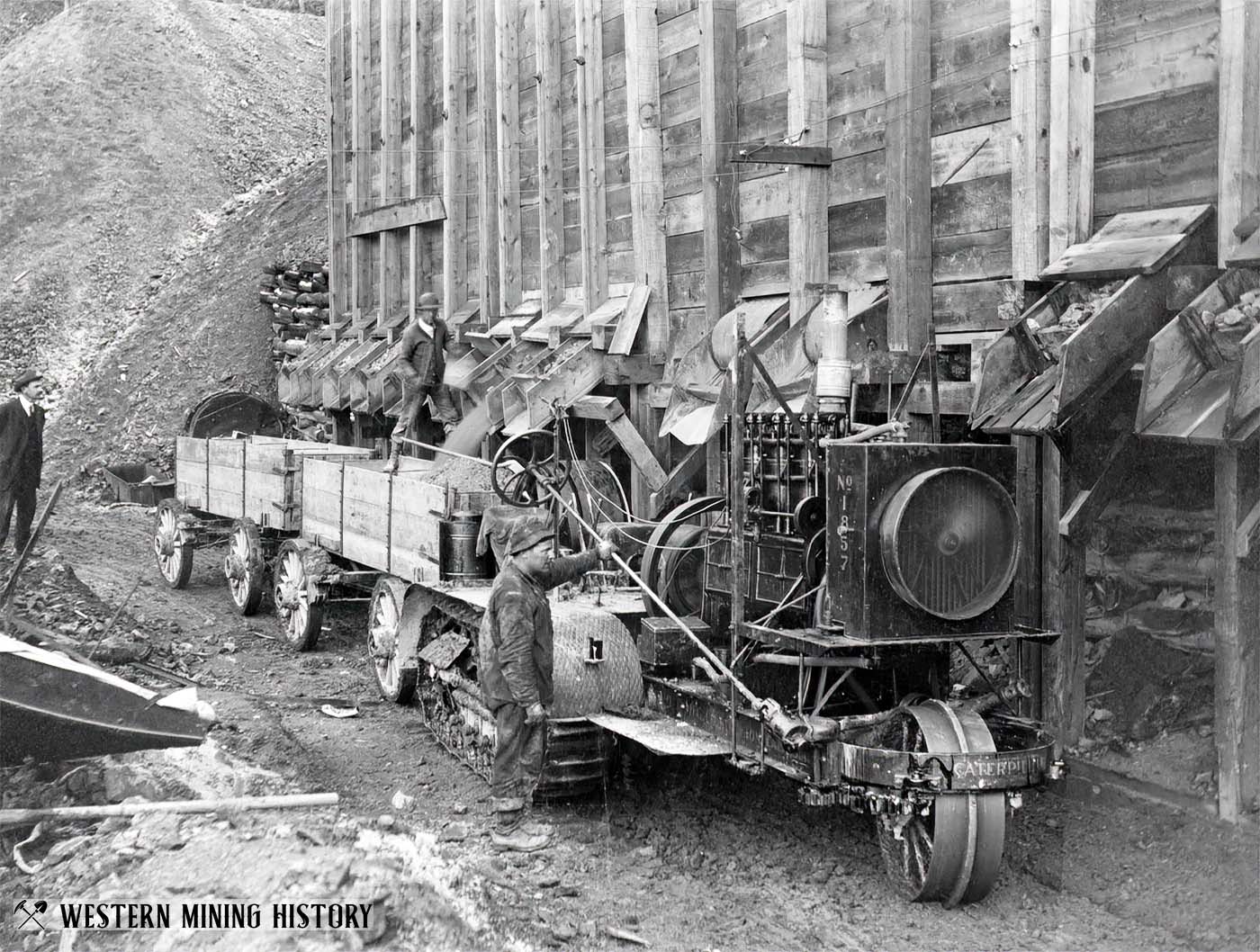 Caterpillar traction engine hauling lead ore from Tyler lease to Bunker Hill Mill, Wardner