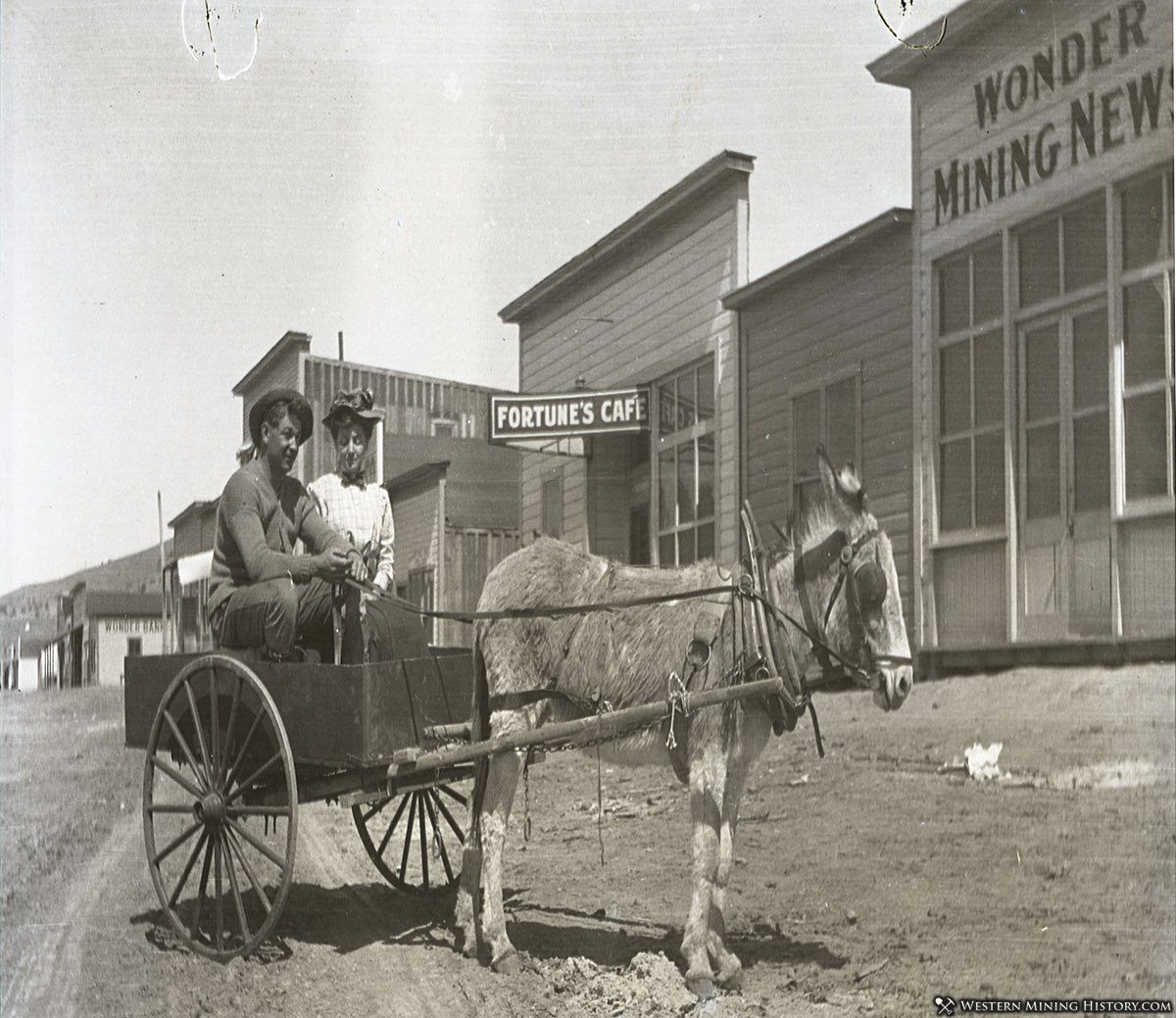 Couple ride in a mule-drawn cart at Wonder, Nevada ca. 1909