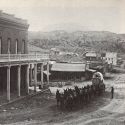 Freight wagon in front of the original Mono County courthouse in Aurora 1907