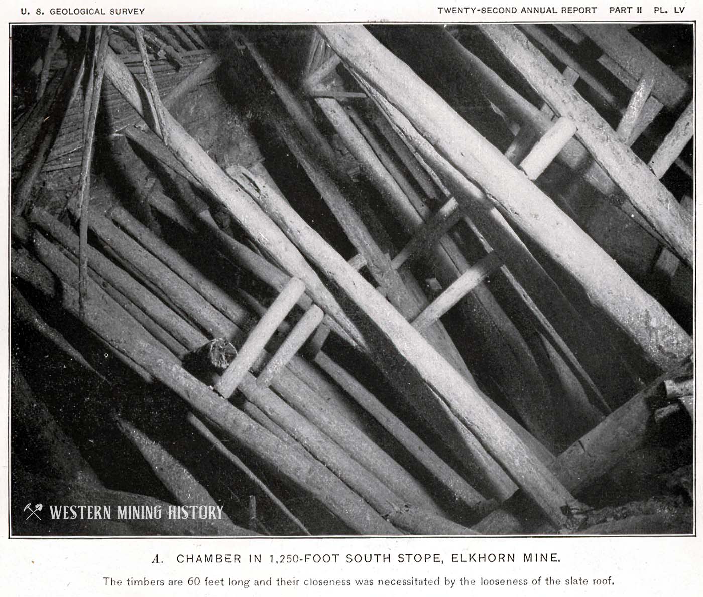 60 foot long timbers at close spacing necessitated by loose slate roof - Elkhorn Mine.