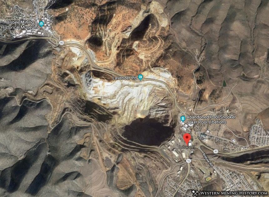 Satelite view shows Lowell's location relative to the Lavendar open pit mine.