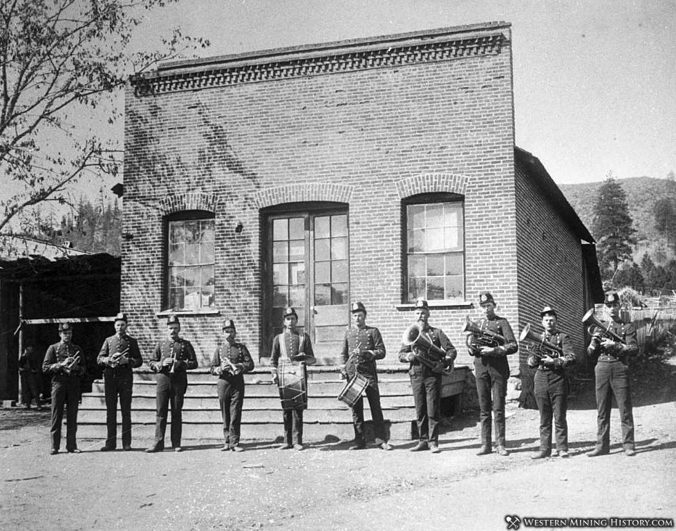 Oro Fino Band in front of a public building in Oro Fino, California ca 1889