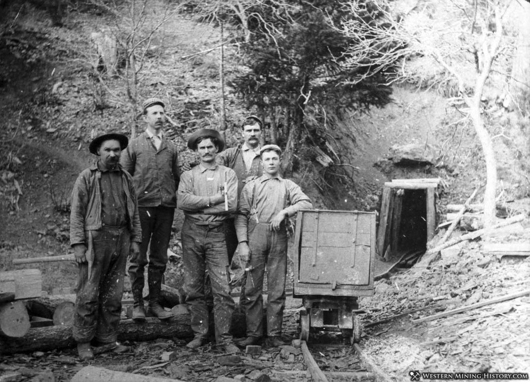 Miners and ore cart at unidentified mine near Oro Fino, California ca 1900