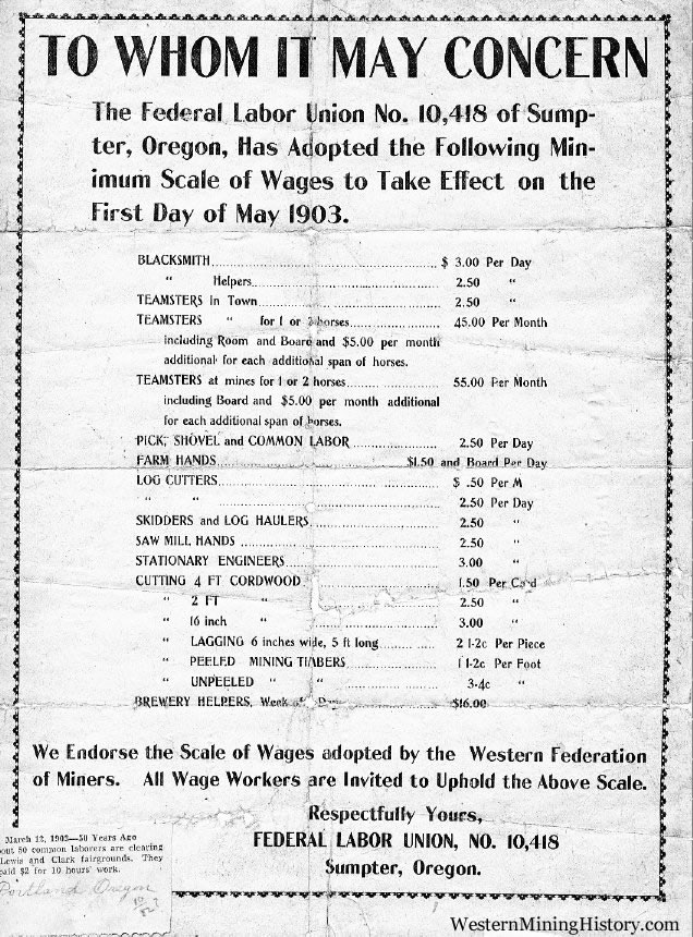 Sumpter area miners union wage scale in 1903