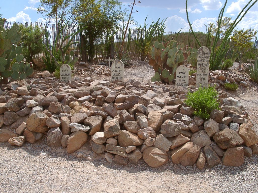 The graves Billy Clanton, Frank McLaury and Tom McLaury in Boot Hill Cemetery, Tombstone, Arizona