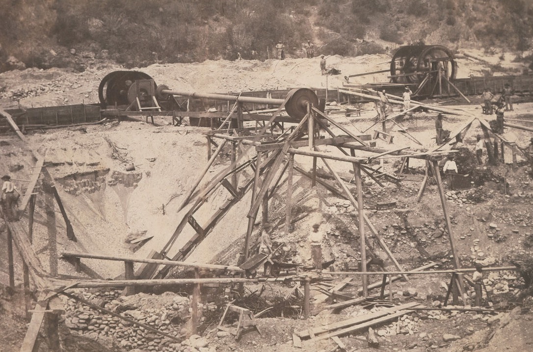 Elaborate placer mining operation on Maine Bar Middle Fork of the American River in 1858