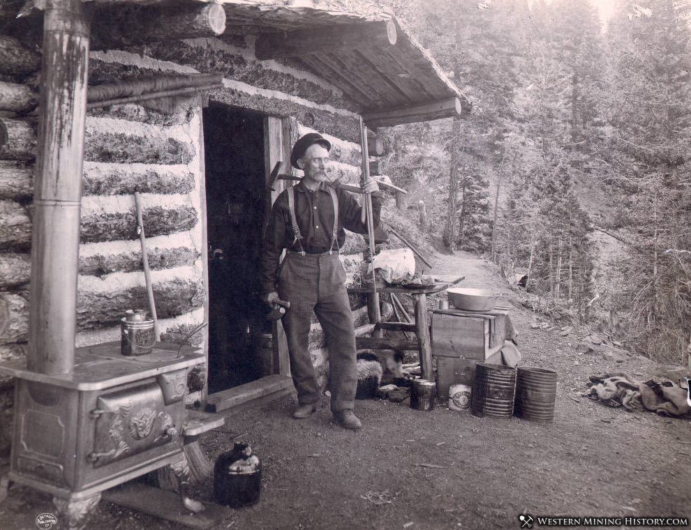 A prospector at his cabin in the Pike Peak region of Colorado